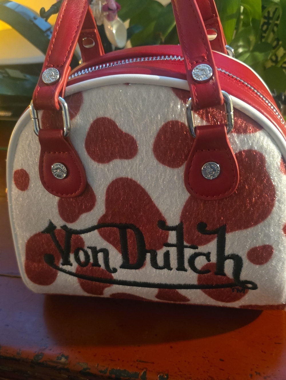 Von Dutch Red and White Spot Mini Dome Bag NWT